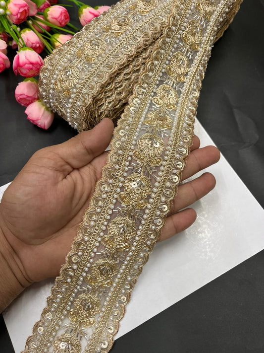 Luxurious Beaded Cutdana Bridal Saree Laces – Heavy Maggam Work Borders for Sarees, Dupattas & Lehengas (9 Meter, 2.5 Inch Width) | Gold