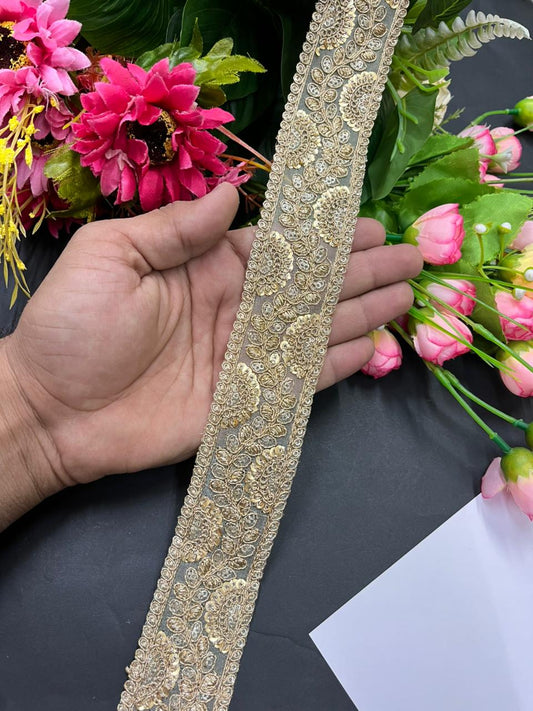 Gold Embroidered Zari Lace Trims – Premium 1.5 Inch Designer Border for Sarees, Dupattas, Lehengas & Festive Wear (9 Meter) | Gold