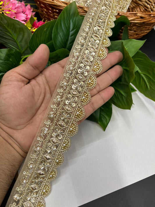 Exclusive Maggam Work Embellished Saree Lace – Designer Handcrafted Border for Sarees, Dupattas & Lehengas (9 Meter, 1.5 Inch Width) | Gold