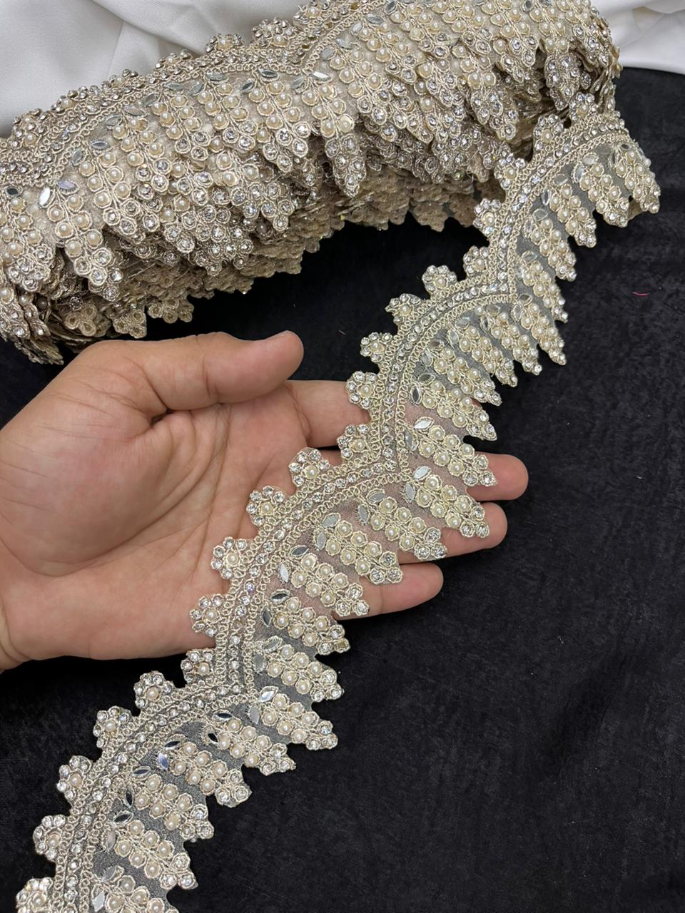 Scalloped Pearl & Diamond Lace with Real Mirror for Sarees, Lehengas & Dresses – Designer Gold Embroidered Lace Border (2 Inch)