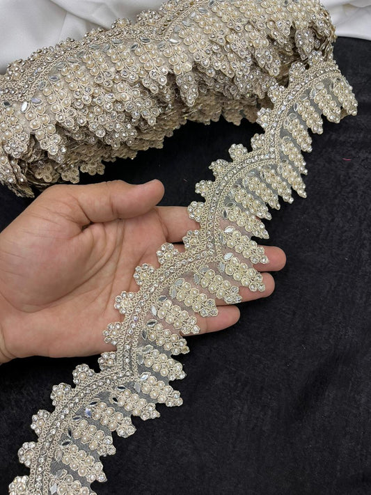 Scalloped Pearl & Diamond Lace with Real Mirror for Sarees, Lehengas & Dresses – Designer Gold Embroidered Lace Border (2 Inch)