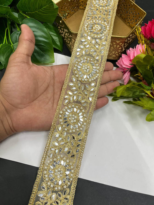 Mirror & Pearl Work Designer Saree Laces – 9 Meter Embellished Border Trim for Lehengas & Dupattas | Gold
