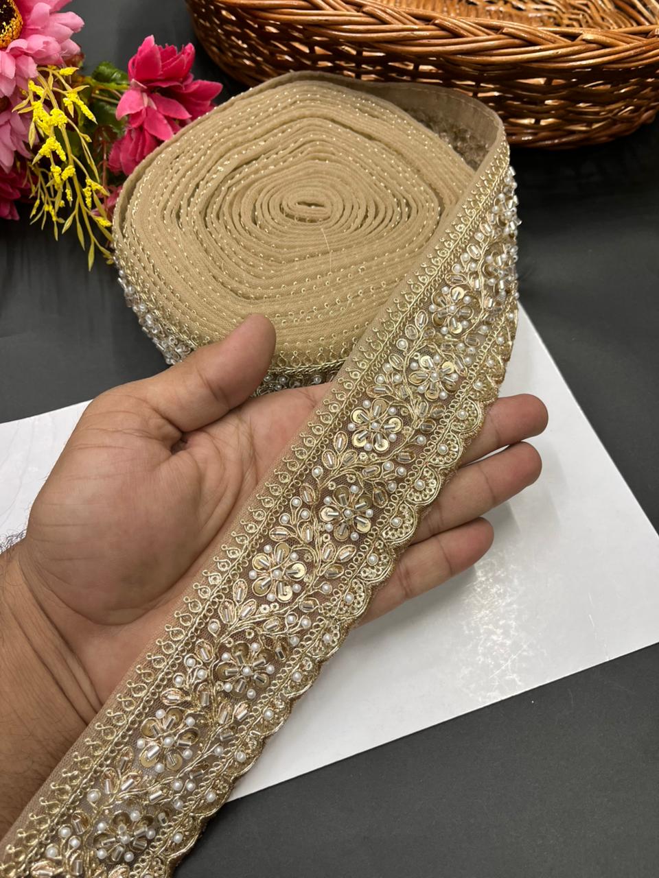 Beaded Embroidered Bridal Laces – Premium Maggam Work Borders for Sarees, Lehengas & Dupattas (9 Meter, 2.5 Inch Width) | Gold