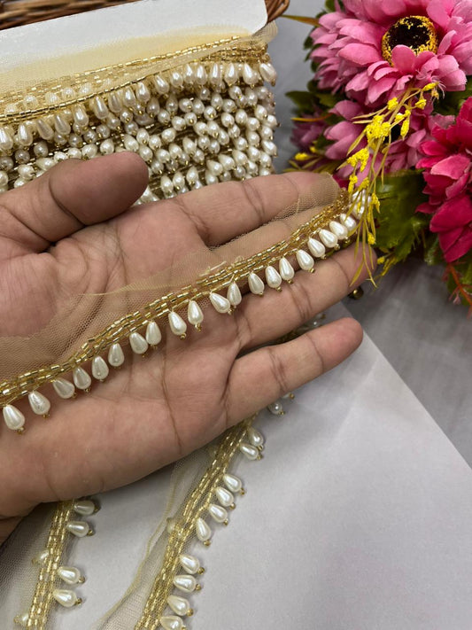 Pearl Drop Hanging Lace for Bridal Blouses & Dupattas – Elegant 1 Inch Latkan Style Decorative Border for Wedding & Festive Wear (9 Meter) | Gold