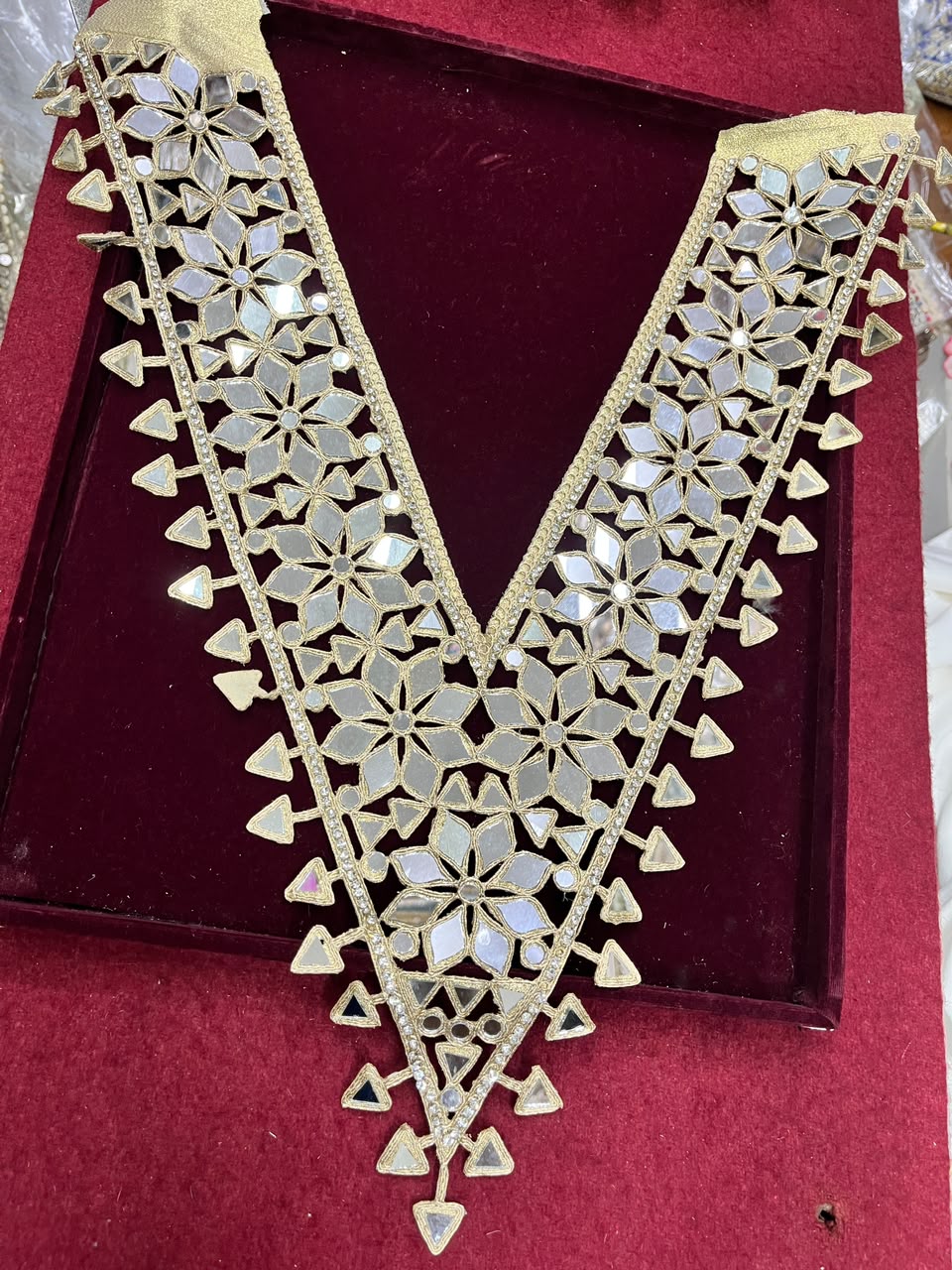 Real Mirror Work Neck Patch for Kurtis, Dresses & Blouses – Designer Handcrafted Mirror Neckline Applique | DC0987 | Gold