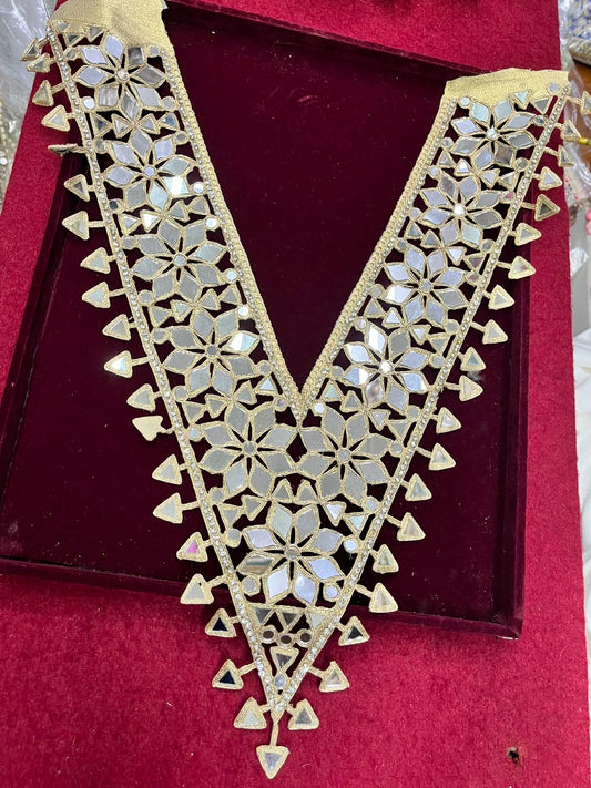 Real Mirror Work Neck Patch for Kurtis, Dresses & Blouses – Designer Handcrafted Mirror Neckline Applique | DC0987 | Gold