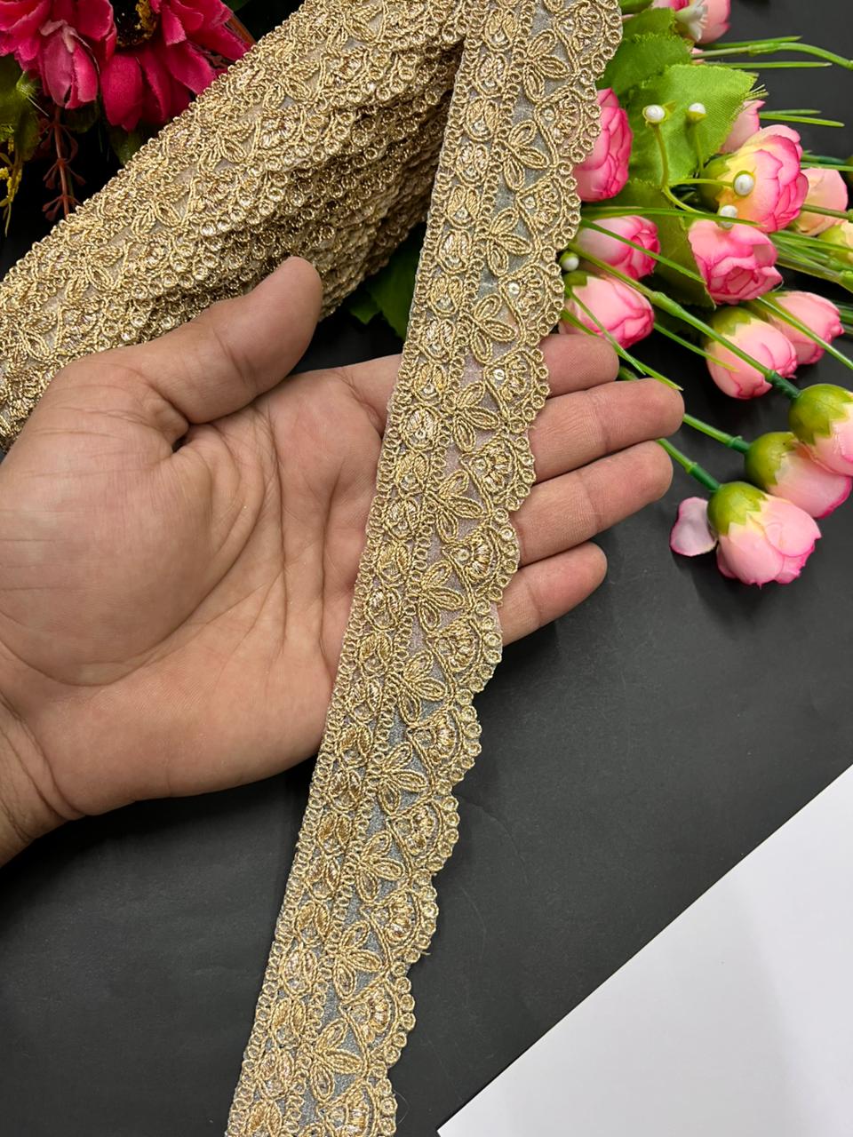 Gold Embroidered Zari Lace Trims – Premium 1.5 Inch Designer Border for Sarees, Dupattas, Lehengas & Festive Wear (9 Meter) | Gold