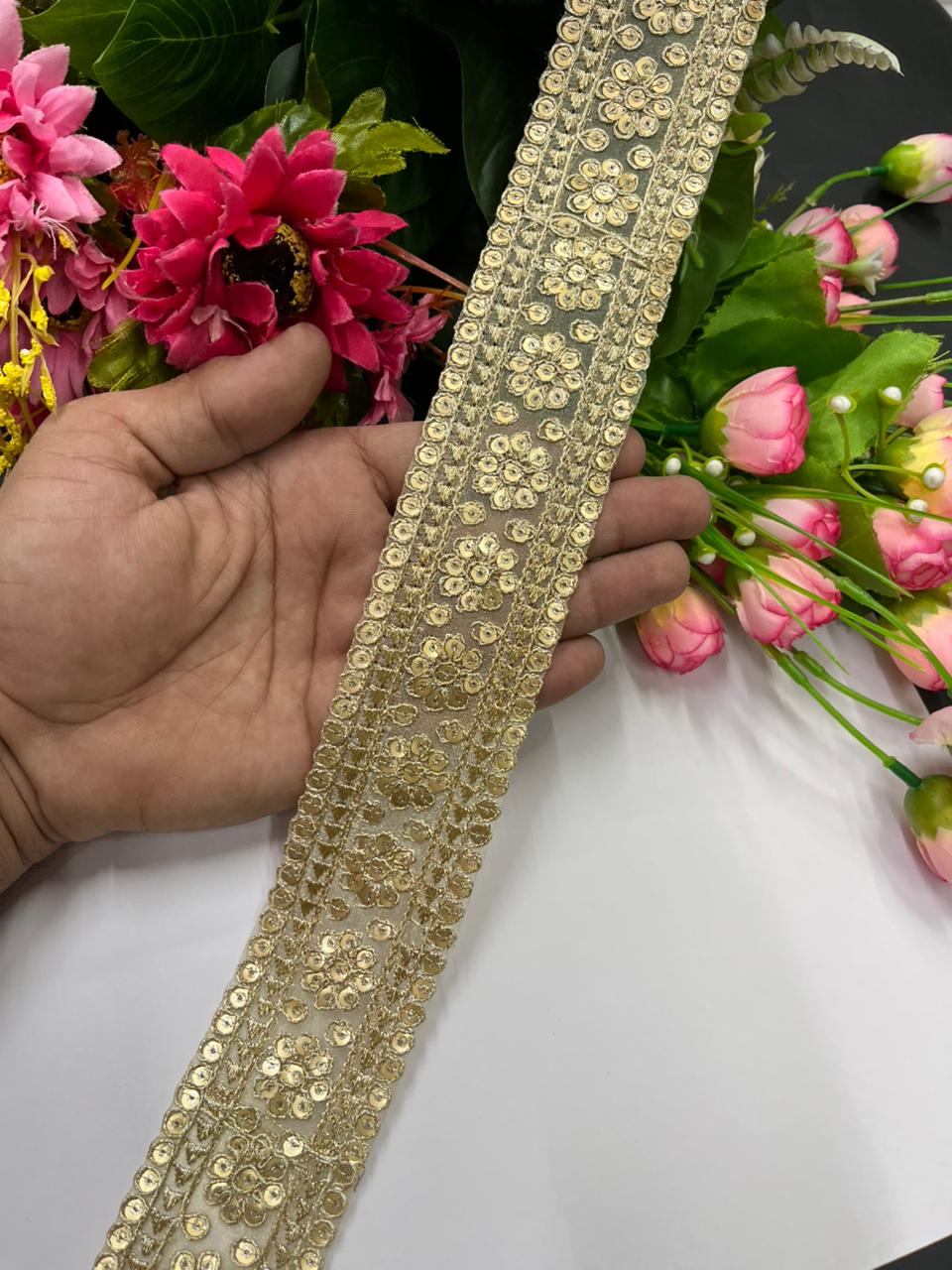 Flower Design Sequins Embroidered Zari Laces – Premium 2 Inch Gold Designer Border for Sarees, Lehengas, Dupattas & Festive Wear (9 Meter) | Gold