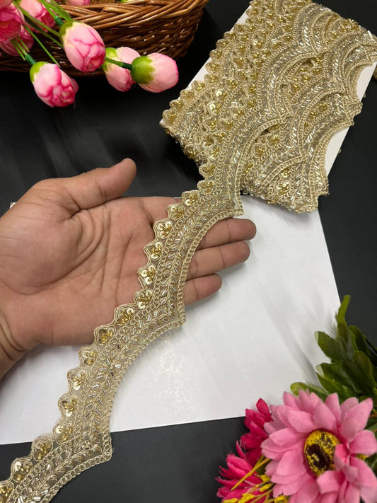 Scalloped Maggam Work Saree Lace Borders on Net Fabric – Designer Embroidered Trim for Sarees & Lehengas (9 Meter, 2 Inch Width) | Gold