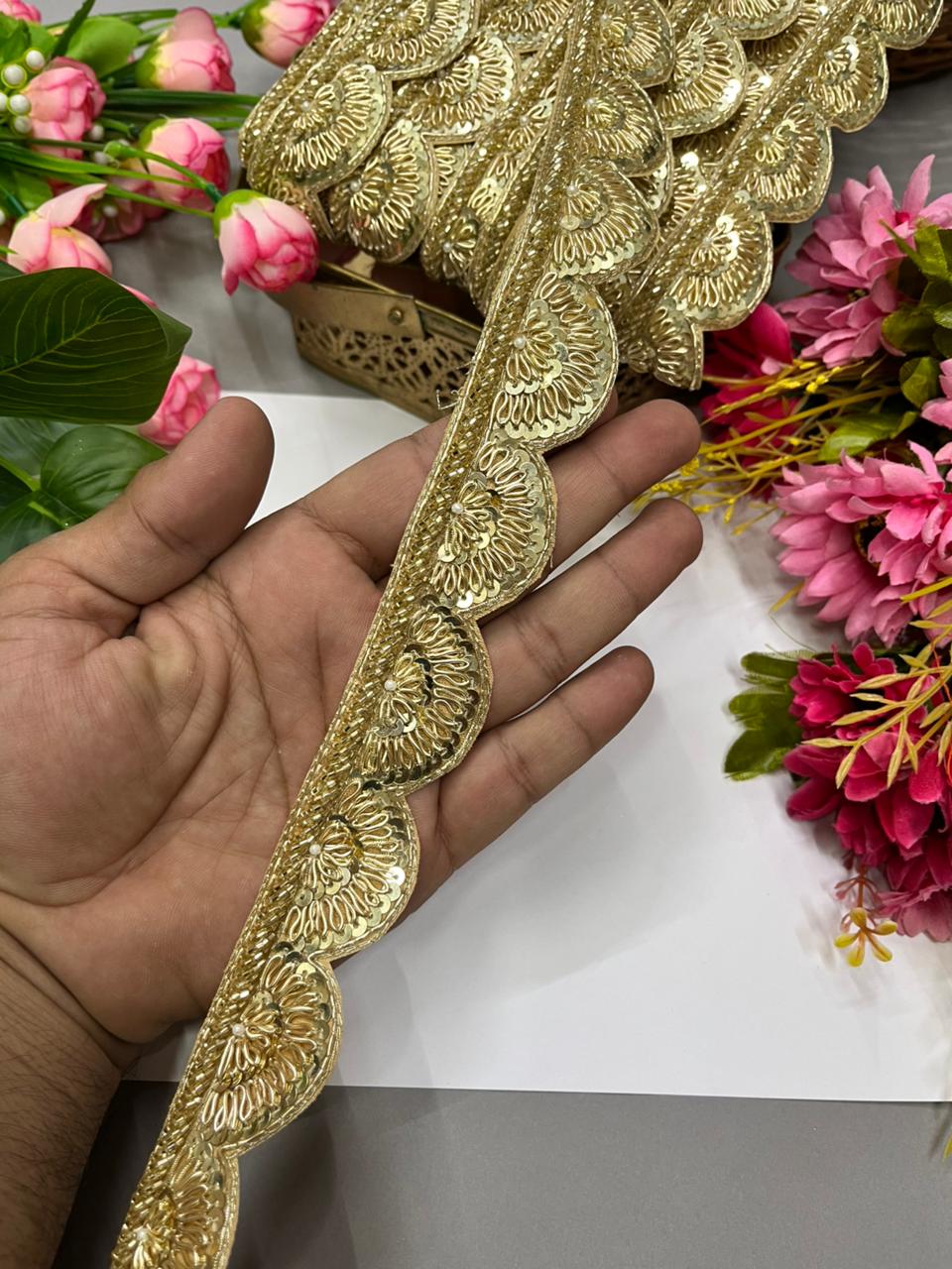 Handcrafted Zardozi Scalloped Dabka Work Borders – Premium 1 Inch Handmade Decorative Lace for Bridal & Ethnic Wear (9 Meter) | Gold