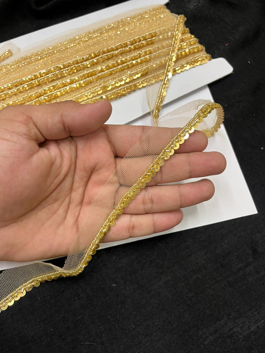 Handmade Sequins Lace Trim for Sarees, Blouses & Dresses – Narrow Handwork Embroidered Lace Border (1 cm) | Gold