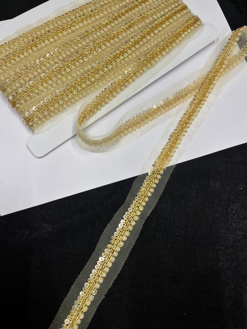 Handcrafted Cutdana (Bead) Lace with Sequins – Premium Handmade Designer Lace | Gold
