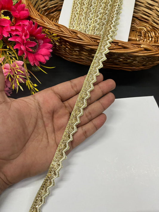 Cutdana Pipe Work with Pearl & Zardosi Work Handcrafted Lace – Handmade Decorative Lace for Sarees, Dupattas, and Dresses (9 mtr, 0.5 inch) | Gold
