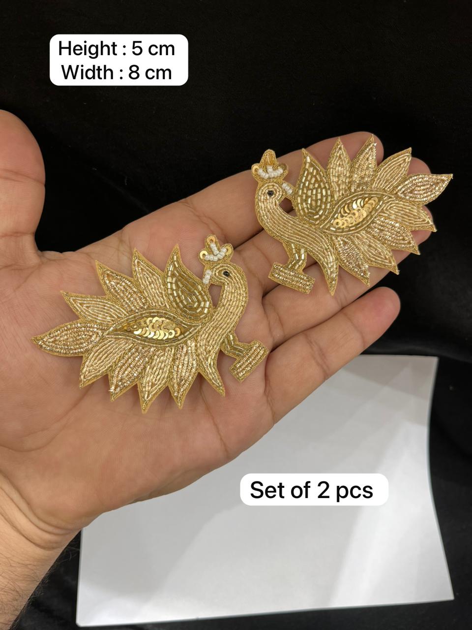 Handcrafted Peacock Applique Zardozi Patch Set for Sarees, Lehengas & Blouses – Designer Embroidered Peacock Motif (2 Pieces) | Gold