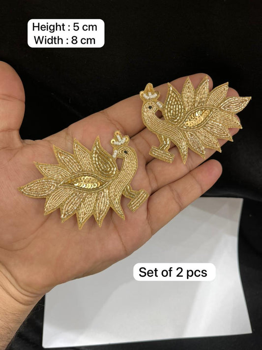 Handcrafted Peacock Applique Zardozi Patch Set for Sarees, Lehengas & Blouses – Designer Embroidered Peacock Motif (2 Pieces) | Gold