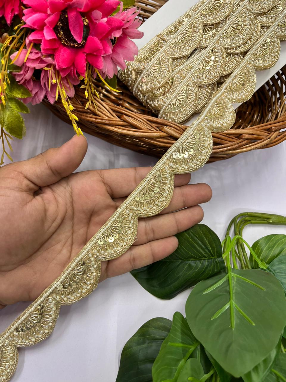 Premium Handcrafted Zardozi Lace – Elegant Handmade Designer Border | Gold