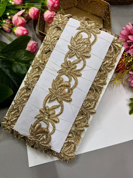 Handmade Cutwork Dabka Borders – Premium 2 Inch Handcrafted Decorative Lace for Bridal & Ethnic Wear (9 Meter) | Golden
