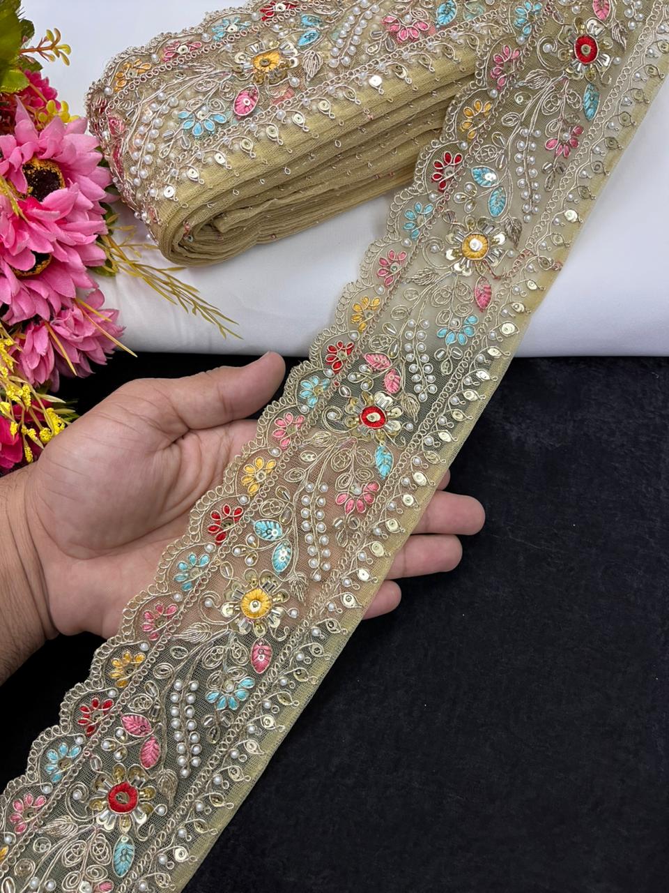 Multicoloured Flower Design Maggam Work Saree Lace – Designer Embroidered Border for Sarees, Blouses & Lehengas (3.5 Inch) | Gold
