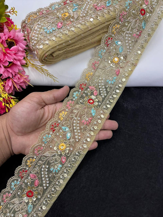Multicoloured Flower Design Maggam Work Saree Lace – Designer Embroidered Border for Sarees, Blouses & Lehengas (3.5 Inch) | Gold