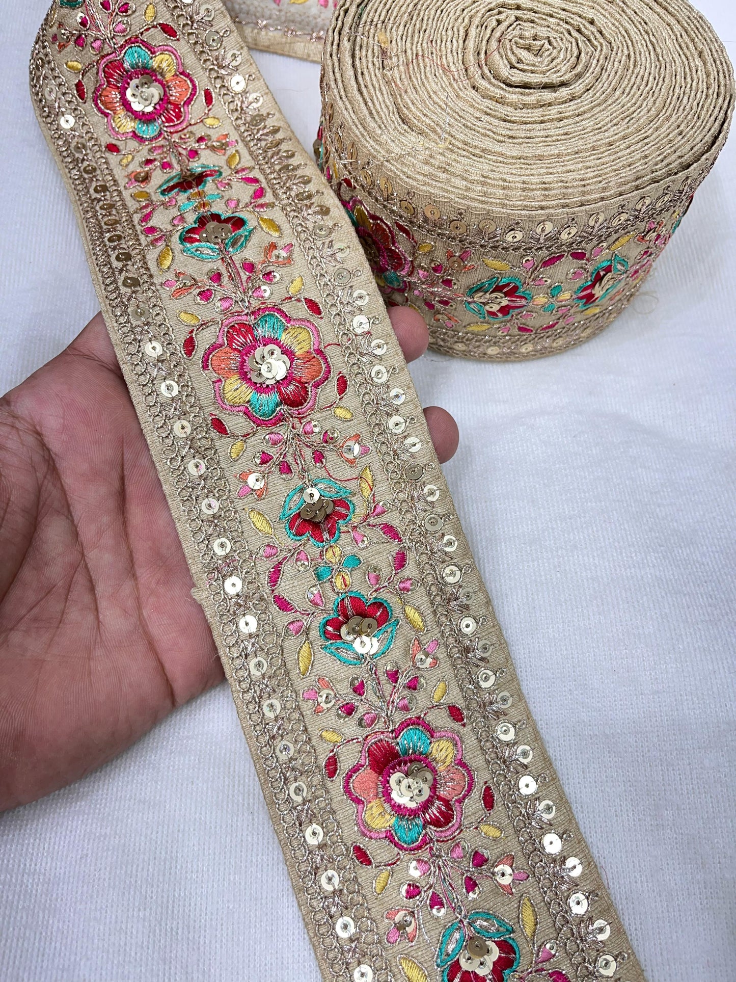 Embroidery Lace Embellishment Trim – 9 Meters, 3-Inch Width, Decorative Border | Gold