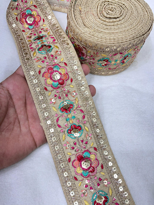 Embroidery Lace Embellishment Trim – 9 Meters, 3-Inch Width, Decorative Border | Gold