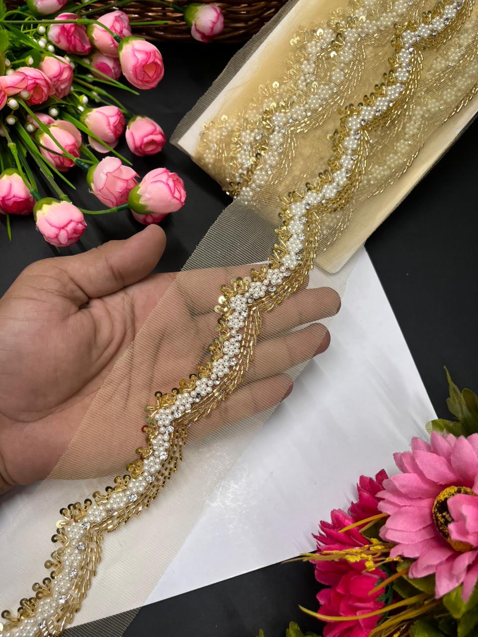 Scallops Bead & Pipe Work Handcrafted Lace – Designer Handmade Border for Sarees, Lehengas & Dupattas (9 Meter, 1 Inch Width) | Gold