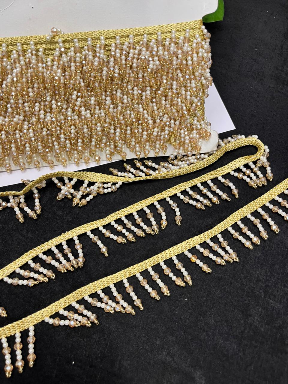 Beautiful Crystal Hanging Lace with Pearls – Premium Designer Latkan Lace | Gold