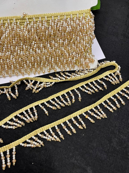 Beautiful Crystal Hanging Lace with Pearls – Premium Designer Latkan Lace | Gold