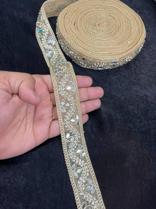Designer Mirror Work Lace Trim with Rhinestones – Elegant Border for Sarees, Dupattas & Lehengas (9 Meter, 1 Inch Width) | Gold
