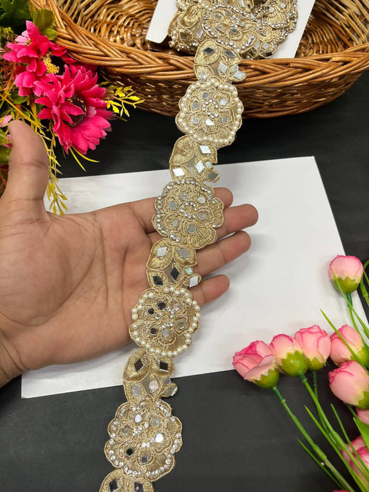 Real Mirror Work Designer Lace for Sarees – Traditional Handmade Border Trim for Lehengas, Dupattas & Ethnic Outfits (9 Meter, 2 Inch Width) | Gold