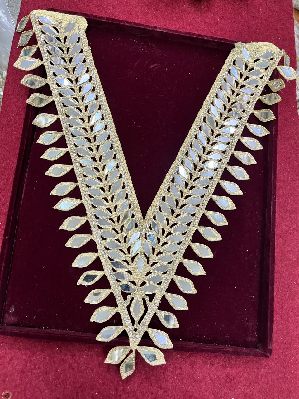 Real Mirror Work Neck Patch for Kurtis, Dresses & Blouses – Designer Handcrafted Mirror Neckline Applique | DC0985 | Gold
