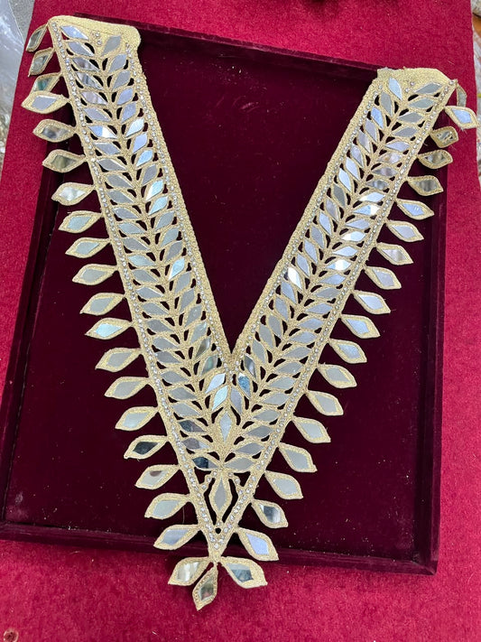 Real Mirror Work Neck Patch for Kurtis, Dresses & Blouses – Designer Handcrafted Mirror Neckline Applique | DC0985 | Gold