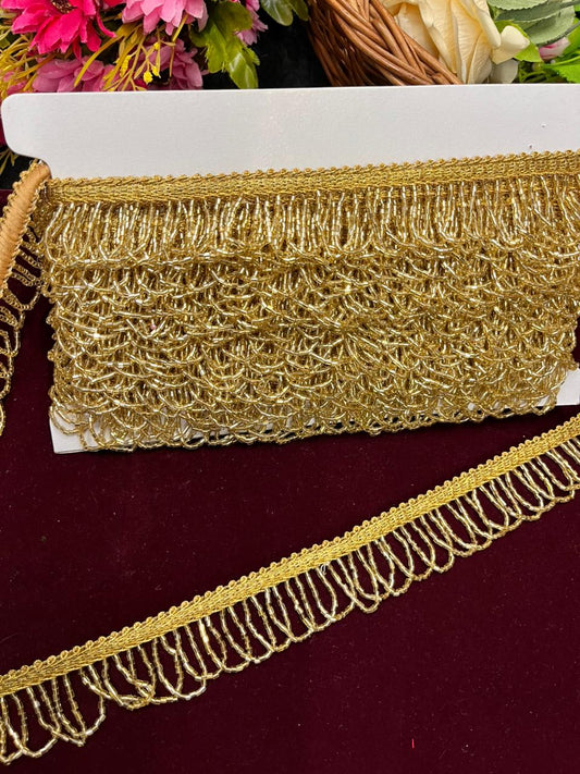 Designer Cutdana Hanging Lace for Sarees, Lehengas & Dupattas – Premium Latkan Lace Border with Cutdana Work (1 Inch) | Gold