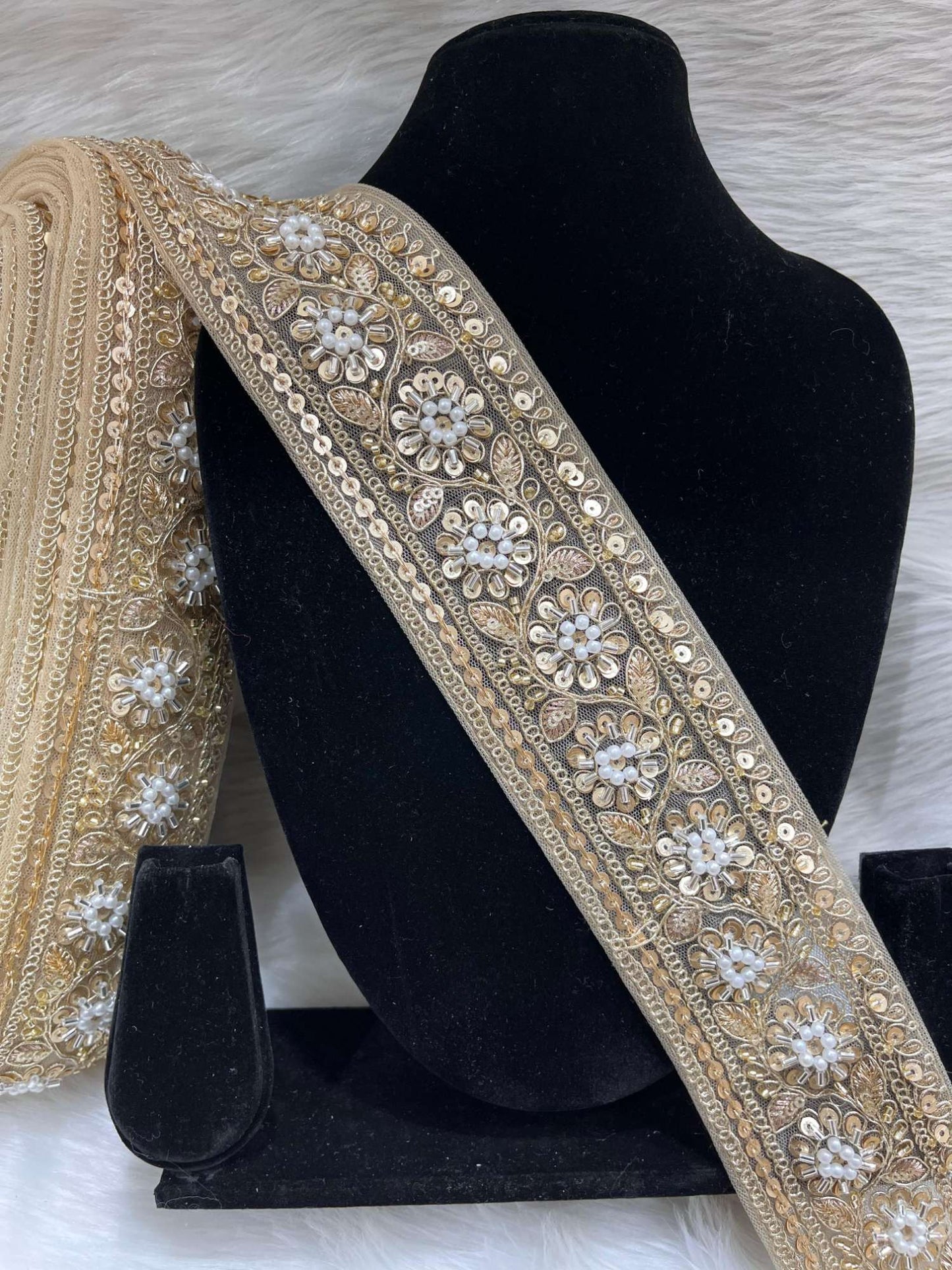 Gold Sequin Embroidery Pearl Lace Border – 9 Meters, 2.5-Inch Handmade Trim for Sarees & Lehengas | Gold