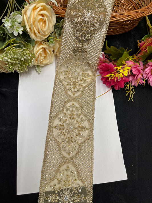 Beaded Designer Lace Trim for Lehengas & Sarees – 9 Meters, 4-Inch Heavy Embellished Saree Laces Border | Gold