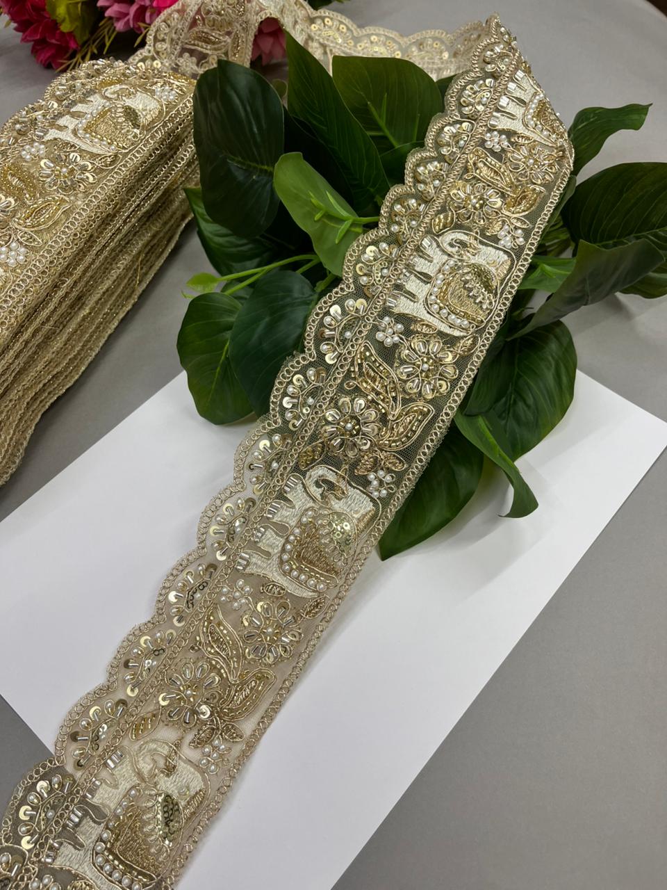 Elephant Design Beaded & Zari Work Embroidered Lace – Premium 3 Inch Gold Embroidered Decorative Border for Bridal & Festive Wear (9 Meter) | Gold