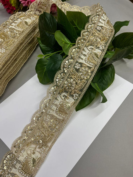 Elephant Design Beaded & Zari Work Embroidered Lace – Premium 3 Inch Gold Embroidered Decorative Border for Bridal & Festive Wear (9 Meter) | Gold