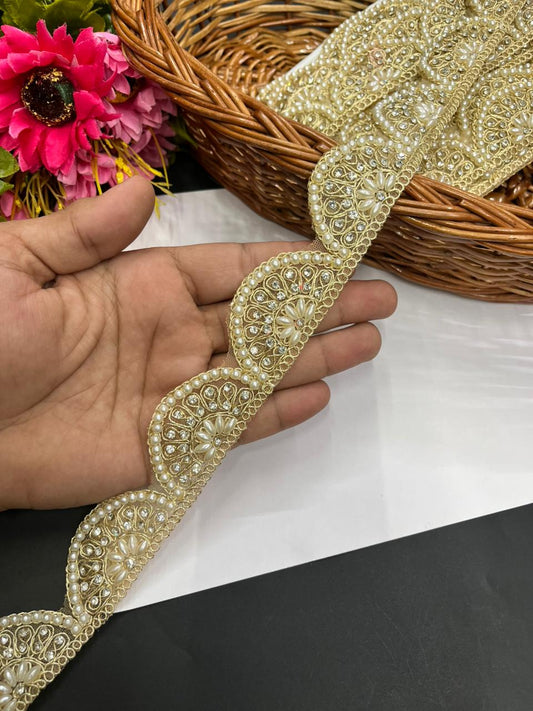 Pearl Scalloped Lace – Premium Gold Embroidered Designer Lace | Gold