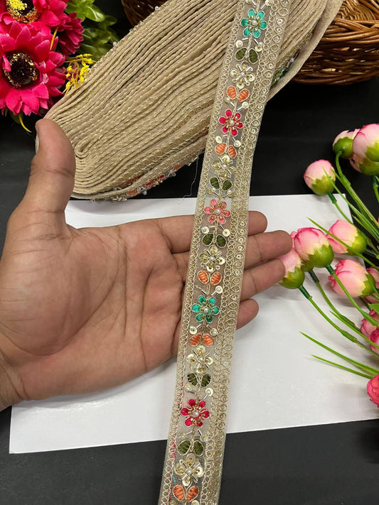 Beautiful Multicoloured Cutdana Beaded Saree Lace & Dupatta Lace – Premium Maggam Work Border Trim (9 Meter, 1.5 Inch Width) | Gold
