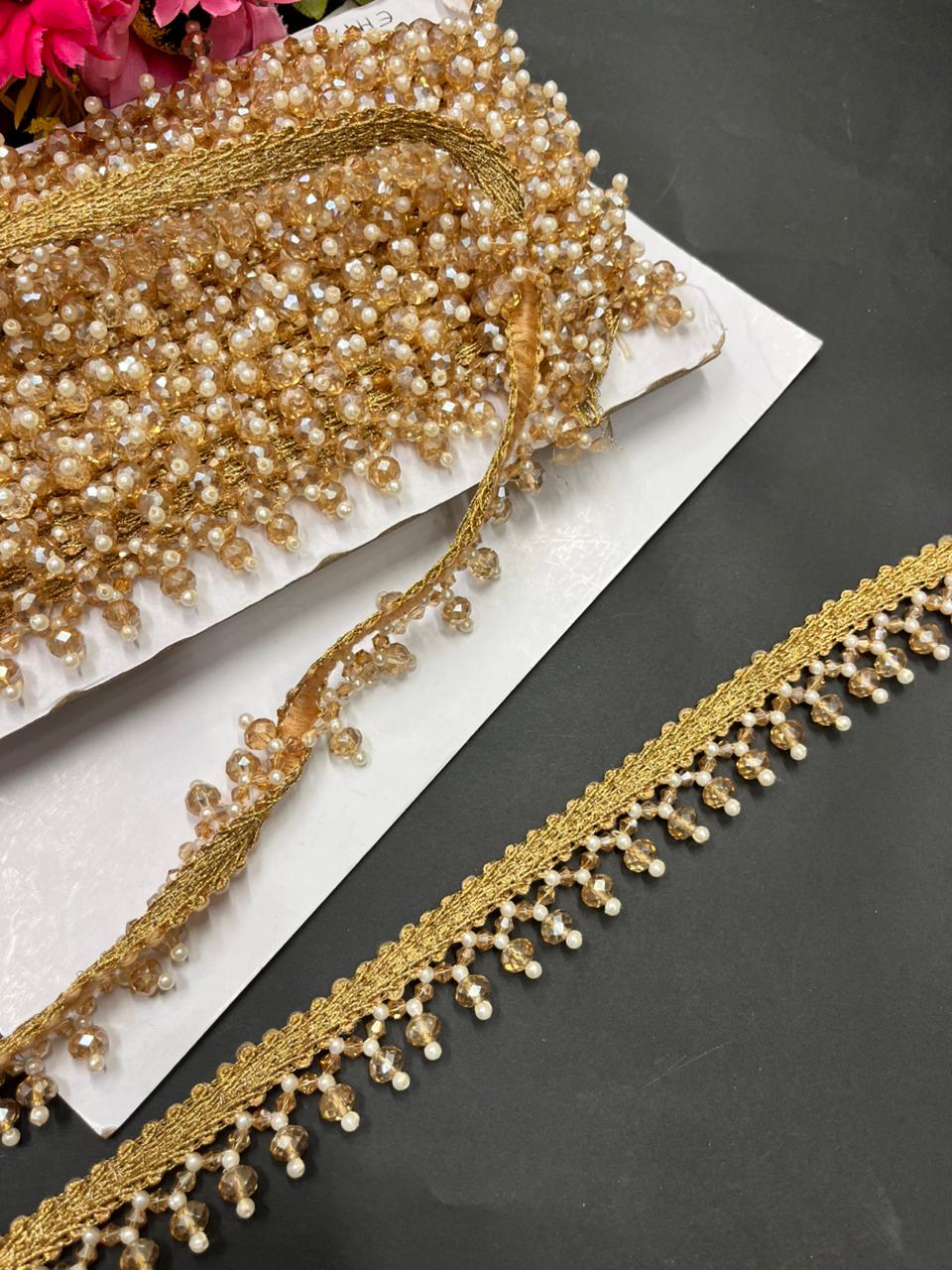 Handcrafted Crystal Hanging Laces – Designer Latkan Borders for Sarees, Dupattas & Lehengas (9 Meter, 1 Inch Width) | Gold
