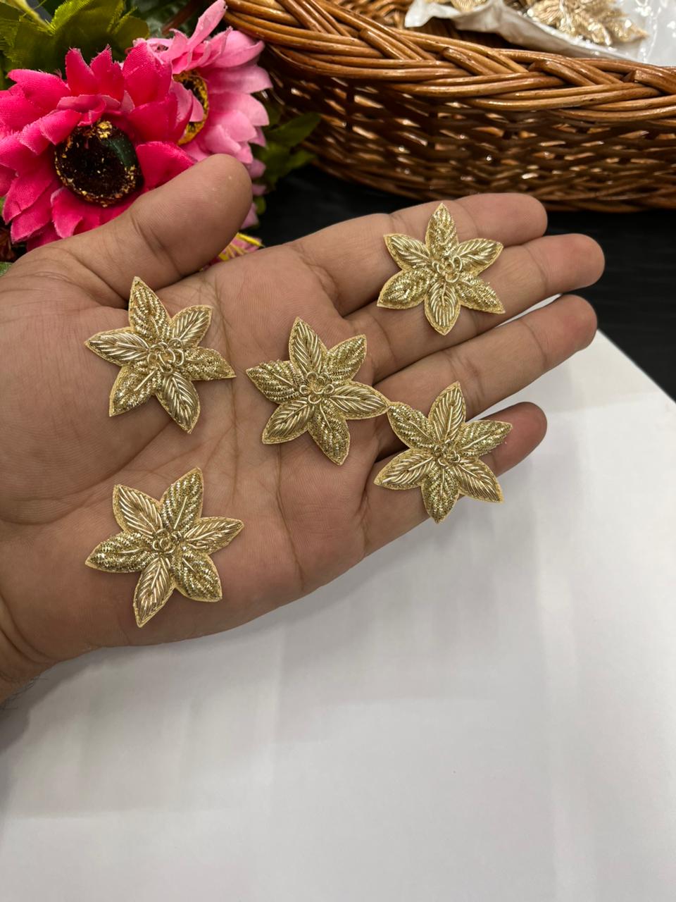 Handcrafted Zardozi Flower Patches (Pack of 5) – Premium Traditional Designer Embellishments | Gold