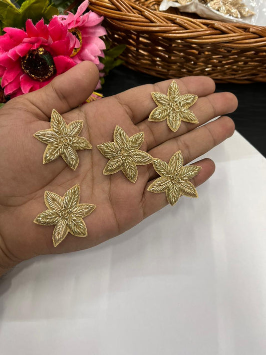 Handcrafted Zardozi Flower Patches (Pack of 5) – Premium Traditional Designer Embellishments | Gold