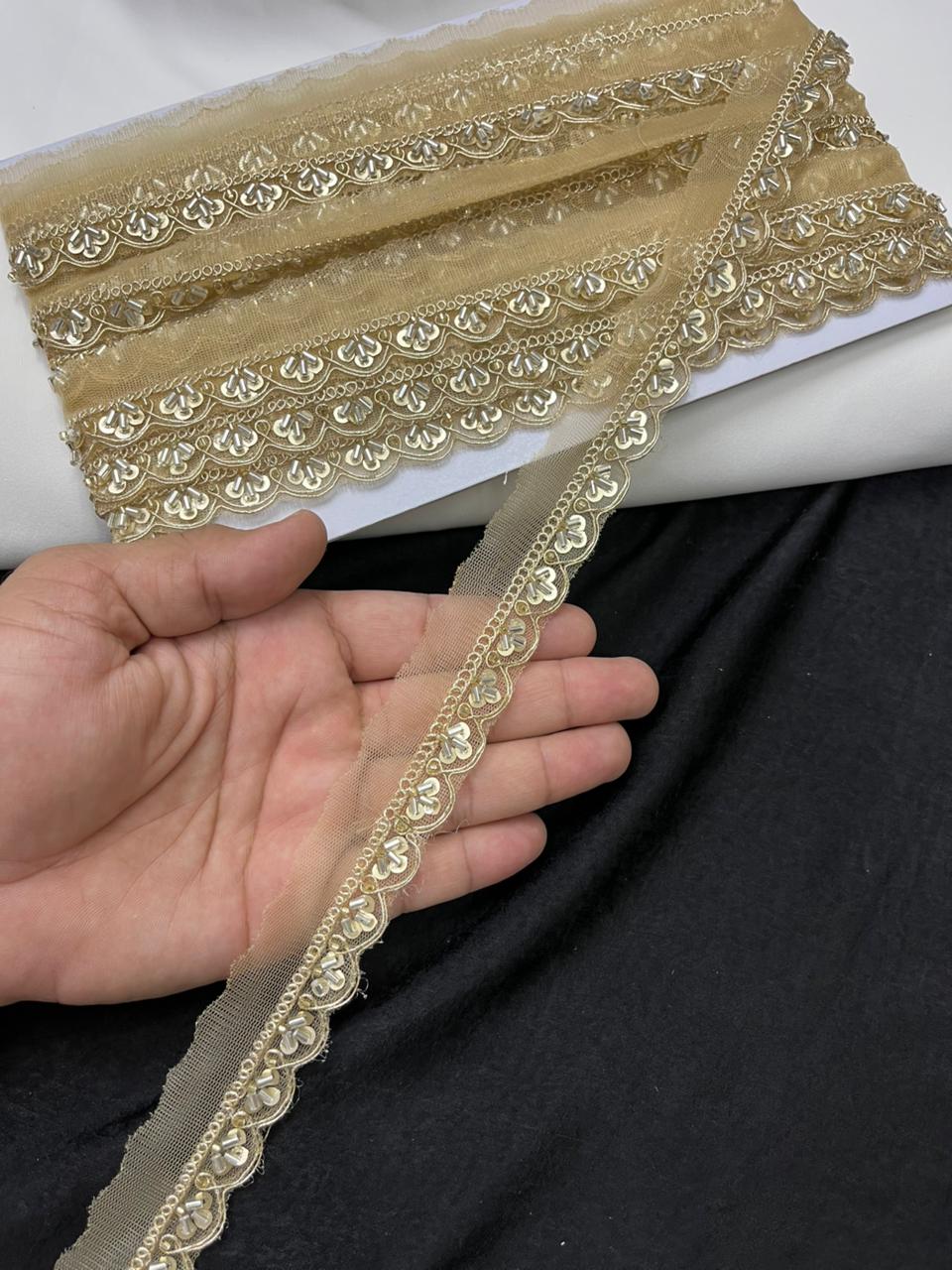 Scalloped Cutdana Work Lace for Sarees & Dupattas – Designer Maggam Work Lace Border (Half Inch) | Gold