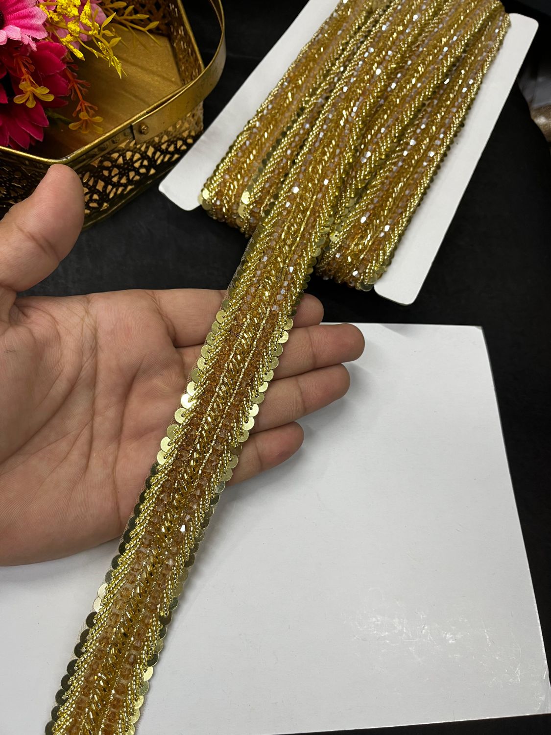 Handmade Beaded Lace Trims – Elegant Designer Borders for Sarees, Lehengas & Dupattas (9 Meter, 1.5 Inch Width) | Gold