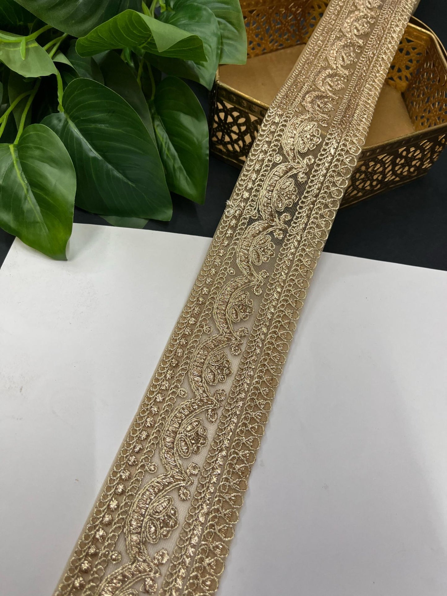 Embroidery Designer Lace on Net Fabric – 9 Meters, 2.5-Inch Width | Gold