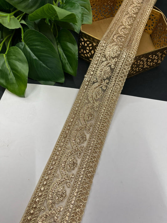 Embroidery Designer Lace on Net Fabric – 9 Meters, 2.5-Inch Width | Gold