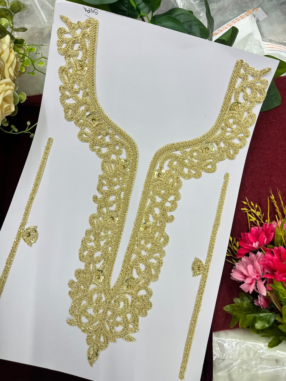 Handmade Bead Work Neck Patch for Kurtis, Dresses & Blouses – Designer Handcrafted Beaded Neckline Applique | DC1004 | Gold