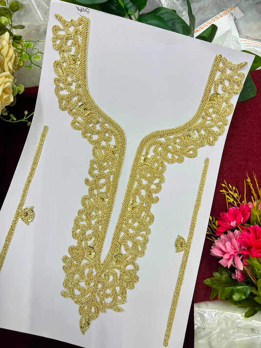 Handmade Bead Work Neck Patch for Kurtis, Dresses & Blouses – Designer Handcrafted Beaded Neckline Applique | DC1004 | Gold