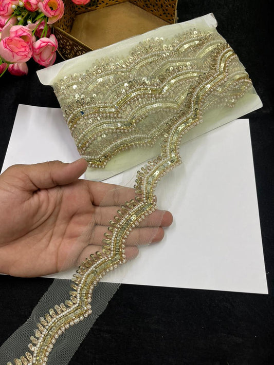 Scalloped Sequins Zardozi Lace on Net Fabric for Sarees, Kurtis & Dresses – Designer Handmade Embroidered Lace Border (1 Inch) | Golden