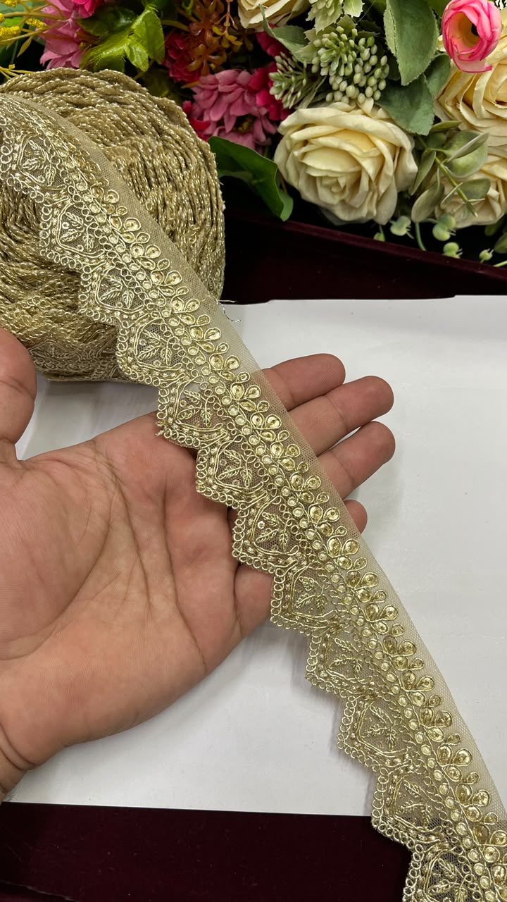 Golden Sequin Work Embroidered Saree Lace for Sarees, Lehengas, Dupattas & Blouses – Designer Gold Embroidery Lace Border (1.5 Inch) | DC1074 | Gold